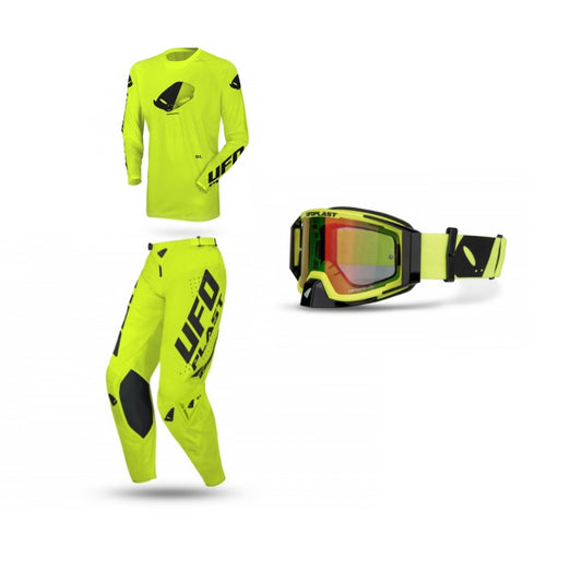 Completo Motocross Ufo Plast Radial Giallo Fluo+ Occhiali Ufo Plast Wise Fluo